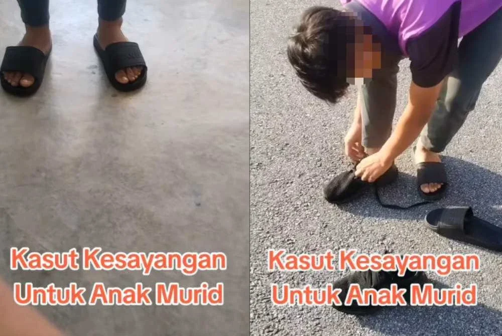 Gambar murid terbabit memakai selipar lusuh dan memakai kasut yang dihadiahkan oleh Akram. 