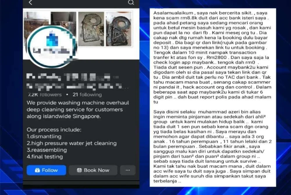 Seorang wanita kerugian RM8,800 selepas terpedaya dengan penipuan dalam talian yang menawarkan bayaran deposit serendah RM8 bagi tempahan perkhidmatan membaiki mesin basuh pada Sabtu lalu.