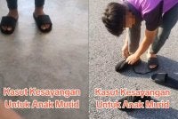 Gambar murid terbabit memakai selipar lusuh dan memakai kasut yang dihadiahkan oleh Akram. 