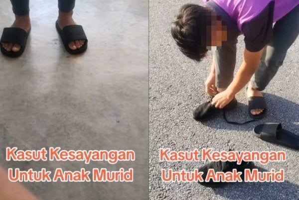 Gambar murid terbabit memakai selipar lusuh dan memakai kasut yang dihadiahkan oleh Akram. 