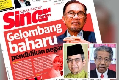 Laporan muka depan Sinar Harian pada Rabu. Gambar kecil: Awang Sariyan (kiri) dan Kok Seong