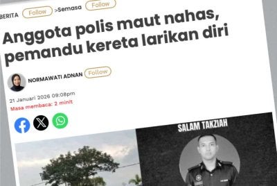 Laporan Sinar harian berhubung kemalangan maut melibatkan seorang anggota polis di Jalan Sultan Azlan Shah, Ipoh pada Rabu. 