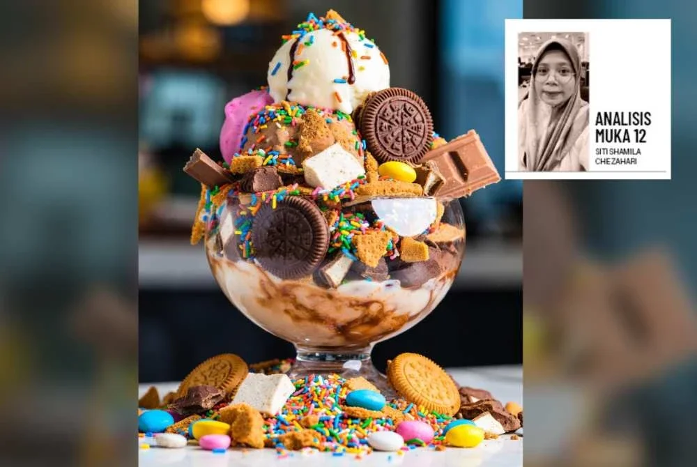 Coklat, aiskrim, biskut, gula-gula dan keju dijadikan kombinasi untuk menarik perhatian pelanggan. Gambar dijana AI