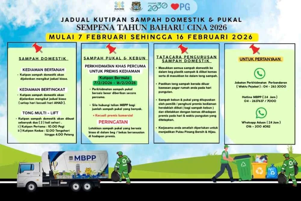 Jadual kutipan sampah sempena Tahun Baru Cina pada Februari nanti.