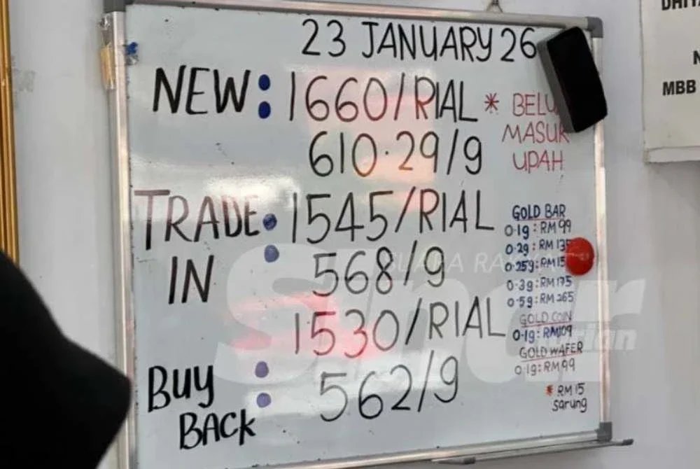 Paparan harga emas di sebuah kedai menjual dan membeli emas di Kota Bharu.Foto Sinar Harian/Adila Sharinni Wahid