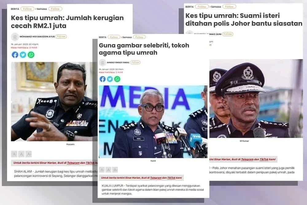 ANTARA laporan Sinar Harian berkaitan penipuan umrah di pasaran.