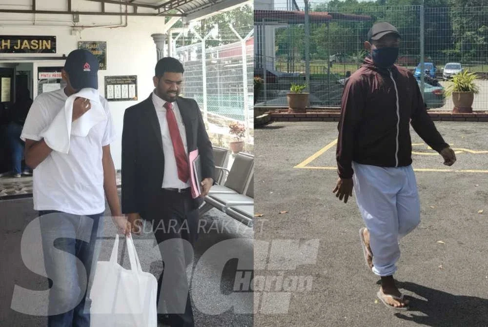 Gambar kiri: Yogesvaran (kiri) bersama peguamnya. Gambar kanan: Mohd Azmi keluar dari Mahkamah Majistret Jasin selepas proses ikat jamin selesai.