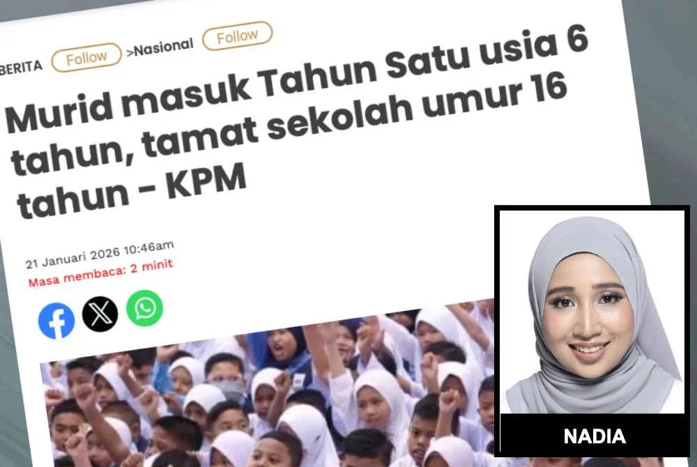 Laporan Sinar Harian pada Rabu berhubung kemasukan murid Tahun Satu berusia enam tahun ke sekolah.