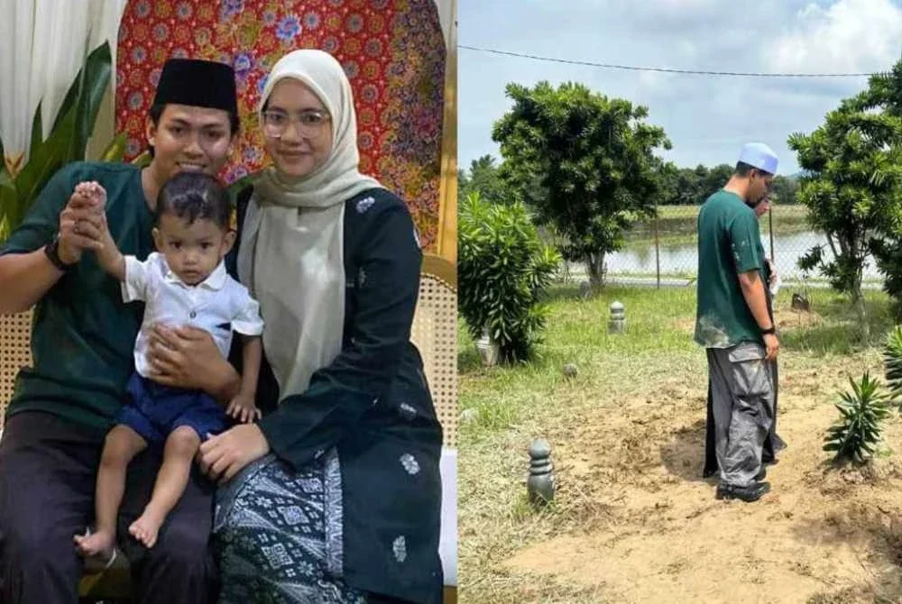 Wan Fawwaz Aiman dan Allahyarham isteri tercinta, Nur Hafizah ketika menziarahi pusara anak mereka,Wan Hayder. 