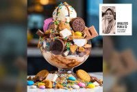 Coklat, aiskrim, biskut, gula-gula dan keju dijadikan kombinasi untuk menarik perhatian pelanggan. Gambar dijana AI