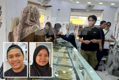 Harga emas 916 mencatat paras tertinggi dengan diniagakan RM600 hingga RM610.29 per gram di Kelantan. Gambar kecil dari kiri: Muhamad Firdaus dan Nur Ain. Foto Sinar Harian/Adila Sharinni Wahid