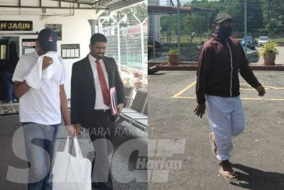 Gambar kiri: Yogesvaran (kiri) bersama peguamnya. Gambar kanan: Mohd Azmi keluar dari Mahkamah Majistret Jasin selepas proses ikat jamin selesai.