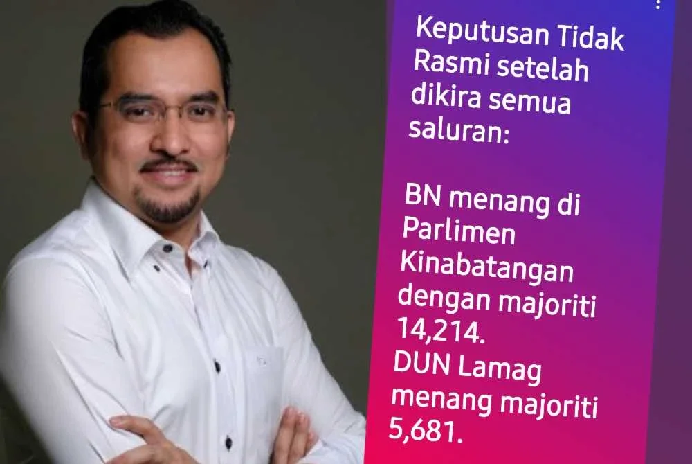Tangkap layar keputusan tidak rasmi PRK Parlimen Kinabatangan dan DUN Lamag yang dikongsi Asyraf Wajdi di Facebook.