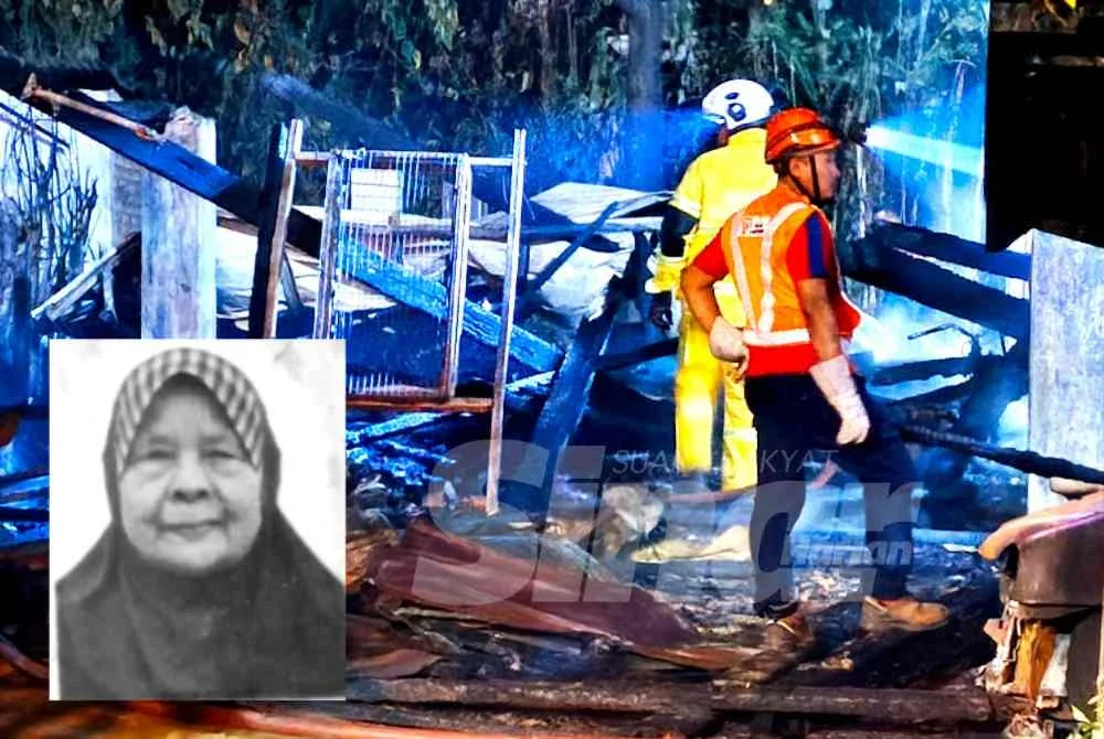 Operasi memadam kebakaran di lokasi kejadian masih dijalankan. Gambar kecil: Allahyarham Fatimah Mat Said