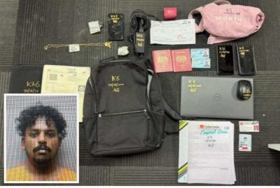 Antara barangan yang dirampas susulan penahanan dua individu dalam kes terbabit. Gambar kecil suspek yang masih bebas dan diburu polis - Foto: IPD Iskandar Puteri