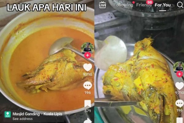 Tangkap layar video menu ikan Begahak gulai tempoyak yang dikongsi pengguna Tiktok 'Aiman Padu' yang tular di platform media sosial itu.