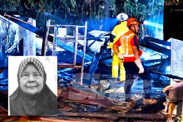 Operasi memadam kebakaran di lokasi kejadian masih dijalankan. Gambar kecil: Allahyarham Fatimah Mat Said