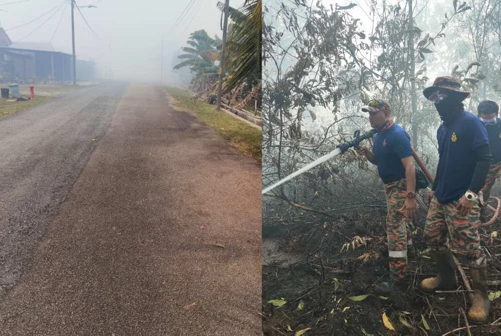 Anggota bomba memadam kebakaran tanah gambut di Jalan Sungai Kapal, Taman Bayu Damai, Kota Tinggi dan keadaan asap tebal yang memasuki kawasan perumahan.
