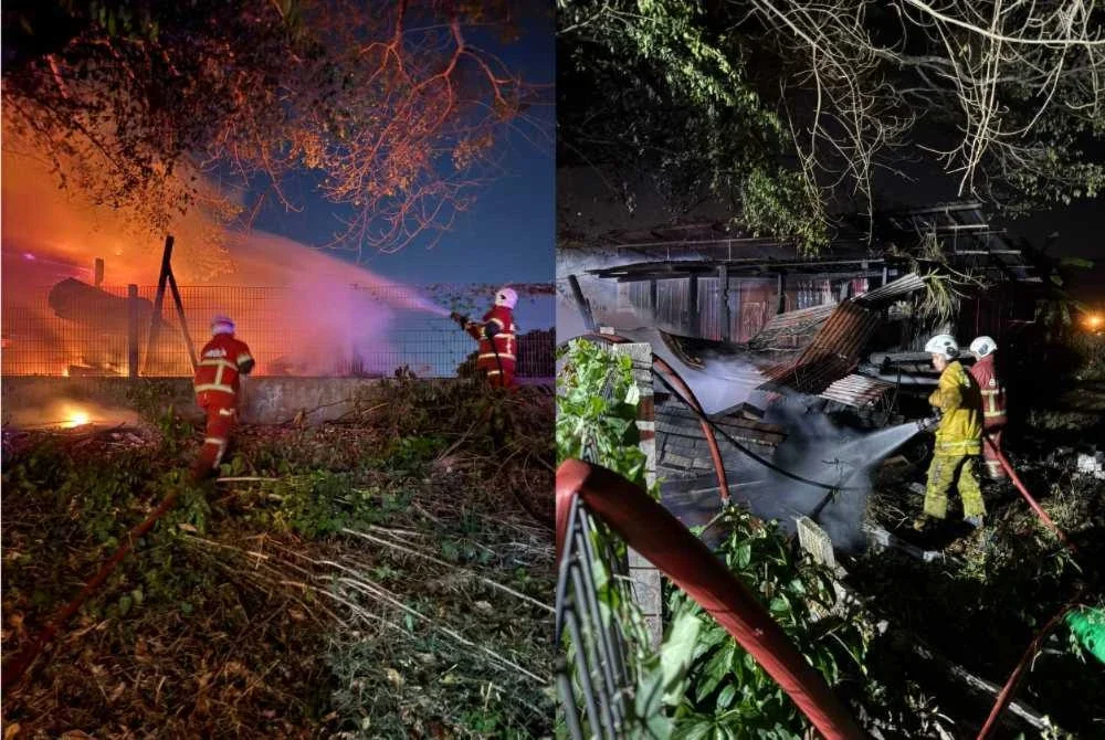 Pasukan bomba sedang memadamkan kebakaran di lokasi kejadian dan api berjaya dipadamkan sepenuhnya pada jam 8.50 malam - Foto: Bomba