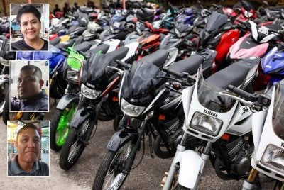 Ratusan motosikal yang disita selepas terbabit dalam lumba haram. Gambar kecil dari atas: Devi, Omar dan Asrul.