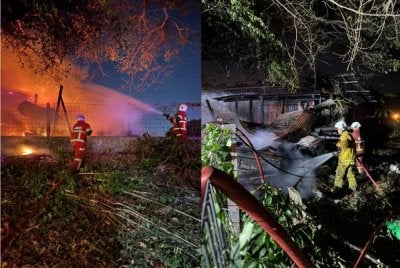 Pasukan bomba sedang memadamkan kebakaran di lokasi kejadian dan api berjaya dipadamkan sepenuhnya pada jam 8.50 malam - Foto: Bomba