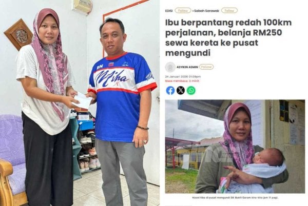 Hasni (kiri) ketika ditemui wakil Miha, Kamarul untuk menyampaikan sumbangan susulan laporan Sinar Harian pada Sabtu lalu.