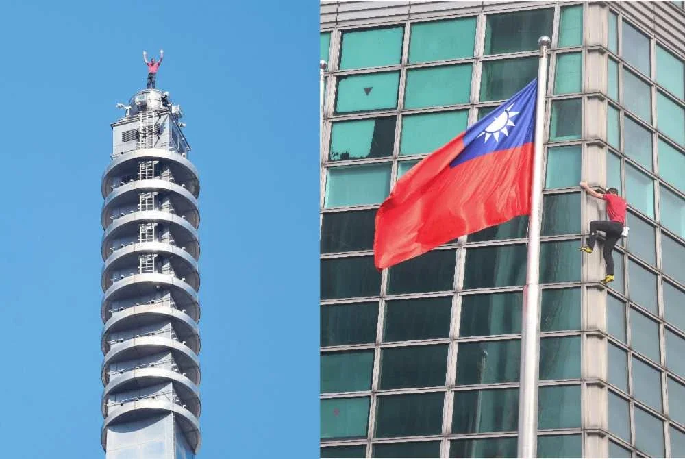 Alex Honnold, mengangkat tangan dari puncak bangunan Taipei 101 selepas berjaya memanjat mercu tanda itu tanpa tali dan peralatan keselamatan di Taipei pada Ahad. Foto Agensi