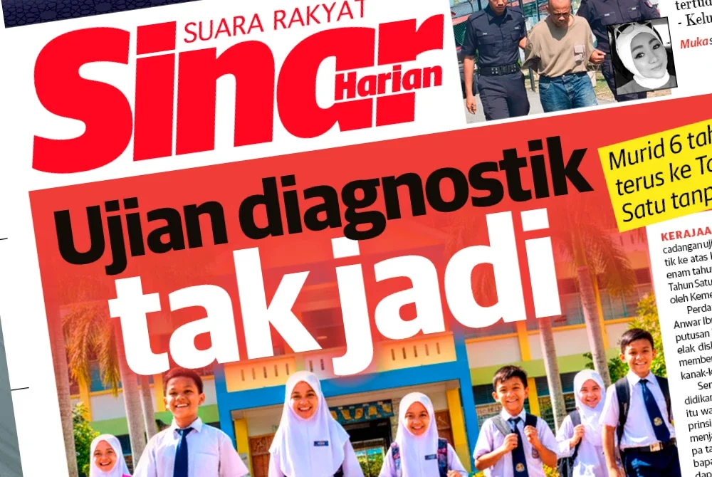 Laporan muka depan Sinar Harian pada Rabu berhubung pembatan ujian diagnostik. 