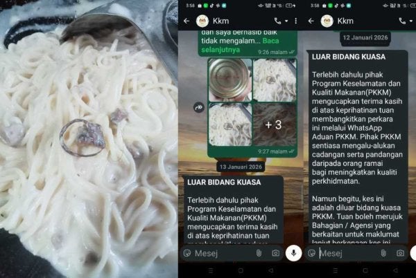 Aduan yang dibuat Rohaniza kepada pihak KKM setelah menemui bendasing di dalam sos yang dibelinya di sebuah pasar raya.