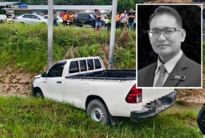 Seorang pengetua maut selepas pacuan empat roda yang dipandunya terbabas dan merempuh tiang elektrik di Kudat. Gambar kecil: Mangsa, Ahmad Mehdunah
