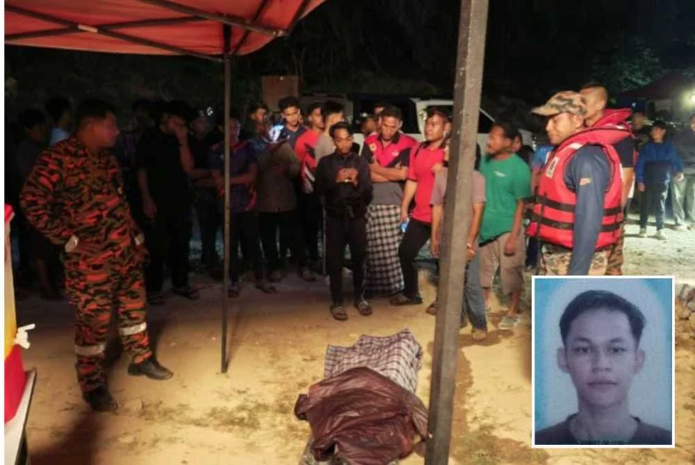 Mayat Ahmad Amirul (gambar kecil) dibawa naik ke daratan selepas ditemukan kira-kira 100 meter dari lokasi dia dilaporkan terjatuh. - Foto: Bomba