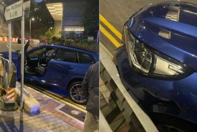 Kenderaan dipandu seorang kanak-kanak berusia 11 tahun merempuh penghadang besi di tepi jalan sebelum berhenti berhampiran Rock Hill Street. Foto: Agensi