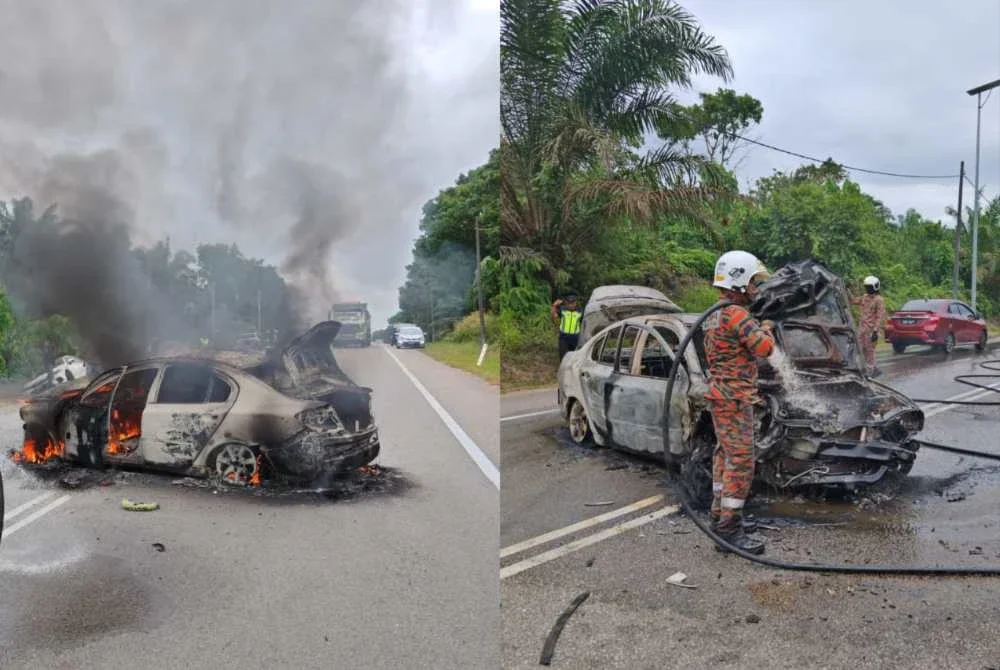 Keadaan kereta Persona yang terbakar selepas terlibat dalam nahas empat kenderaan di Kilometer 43, sempadan Mersing. - Foto JBPM Johor