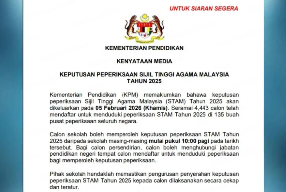 KPM memaklumkan keputusan peperiksaan STAM Tahun 2025 akan dikeluarkan pada 5 Februari ini.