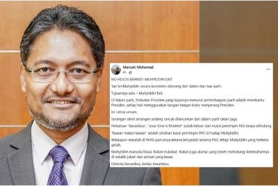Marzuki dalam hantaran di Facebook miliknya menyifatkan serangan secara berterusan dari dalam dan luar parti terhadap Tan Sri Muhyiddin Yassin dilihat hanya dengan satu tujuan jelas iaitu memaksa beliau berundur atau 'Muhyiddin Exit'.