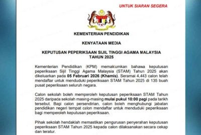 KPM memaklumkan keputusan peperiksaan STAM Tahun 2025 akan dikeluarkan pada 5 Februari ini.