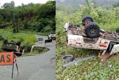 Gambar tular yang memaparkan keadaan sebuah kenderaan pacuan empat roda terlibat dalam kemalangan dan terbalik angkara tanah runtuh.