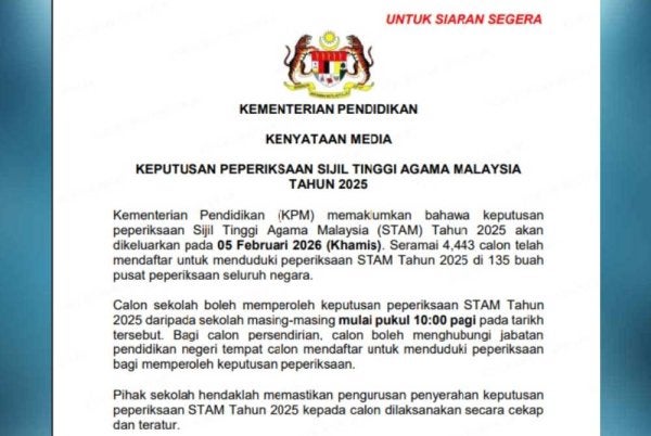 KPM memaklumkan keputusan peperiksaan STAM Tahun 2025 akan dikeluarkan pada 5 Februari ini.