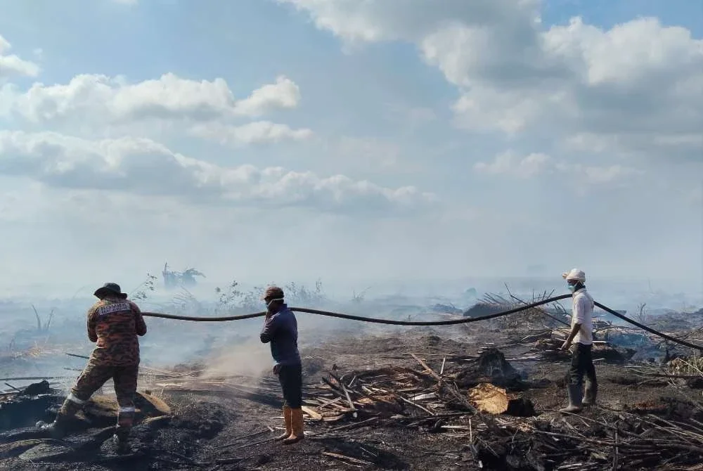 Anggota bomba memadamkan kebakaran di kawasan ladang kelapa sawit di Simpang Renggam. Foto: JBPM Johor