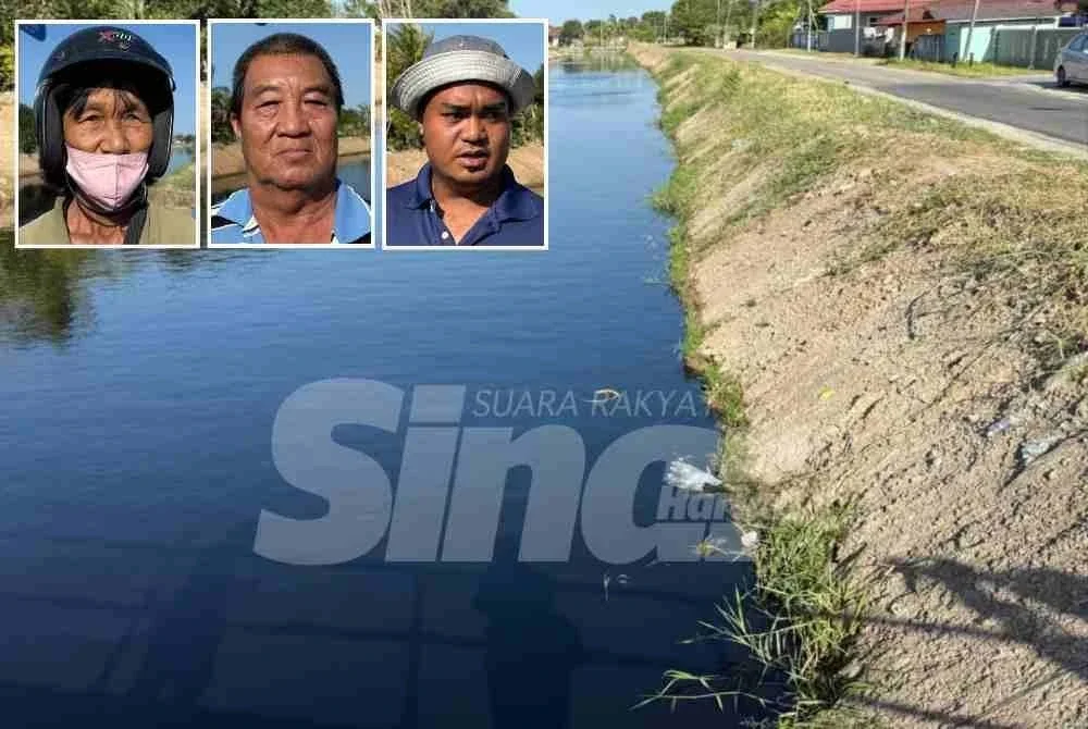 Keadaan Sungai Ayer Salah kehitaman dipercayai sejak tiga minggu lalu. Gambar kecil dari kiri: Ah Chan, Kau dan Nor Lukman