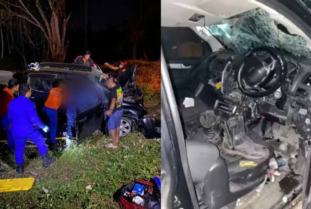 Anggota APM Bagan Datuk membantu mengeluarkan mangsa dari kenderaan yang dinaiki sebelum dihantar untuk menerima rawatan.