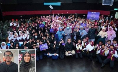 Lima sekolah yang menyertai pertandingan Bicara Berirama sempena Karangkraf Ramadan Bookfest di Studio F Karangkraf pada Rabu. Gambar kecil: Muhammad Haziq (kiri) dan Nur Amalina.