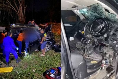 Anggota APM Bagan Datuk membantu mengeluarkan mangsa dari kenderaan yang dinaiki sebelum dihantar untuk menerima rawatan.