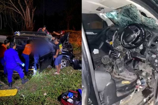 Anggota APM Bagan Datuk membantu mengeluarkan mangsa dari kenderaan yang dinaiki sebelum dihantar untuk menerima rawatan.