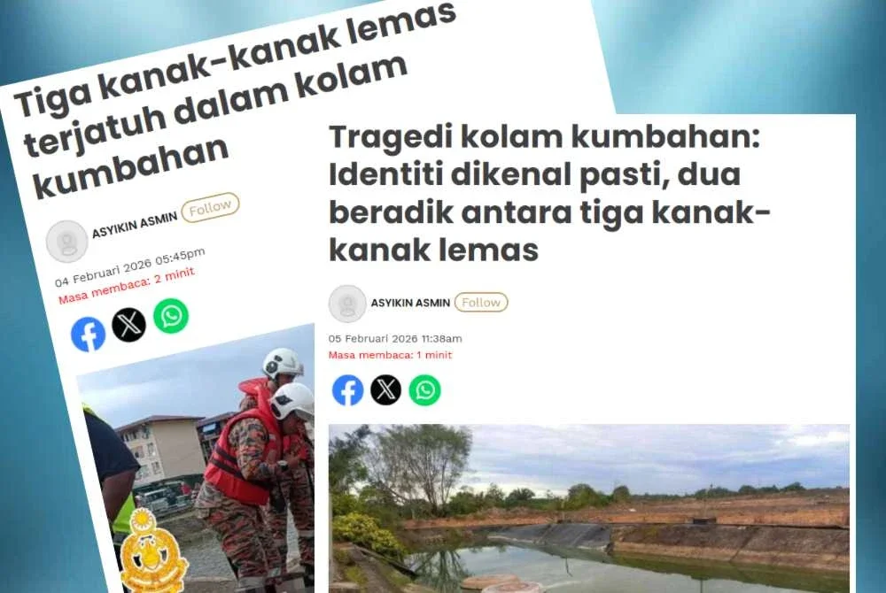 Laporan Sinar Harian mengenai tragedi tiga kanak-kanak lemas di kolam kumbahan berhampiran Flat Sibu Jaya.