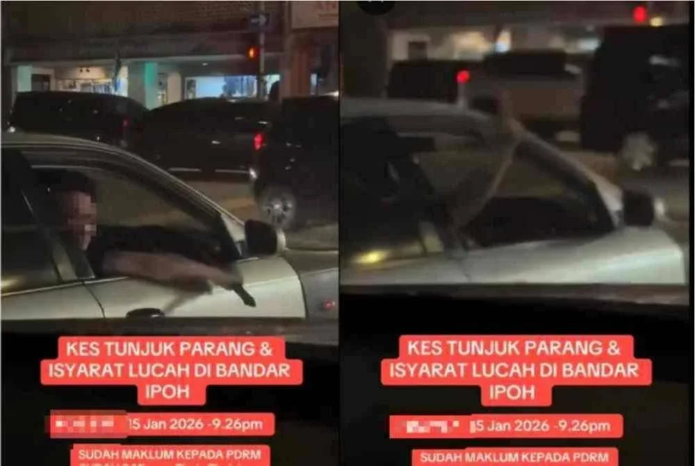 Tangkap layar video tular memaparkan seorang lelaki memegang parang serta menunjukkan isyarat tidak sopan dalam kejadian di Pekan Baru, Ipoh.