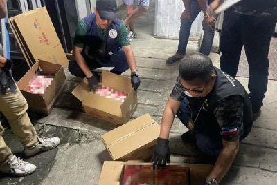 Unit penguatkuasa DVS Sabah memeriksa paha ayam sejuk beku tanpa permit ditemui dalam operasi tersebut.