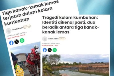 Laporan Sinar Harian mengenai tragedi tiga kanak-kanak lemas di kolam kumbahan berhampiran Flat Sibu Jaya.