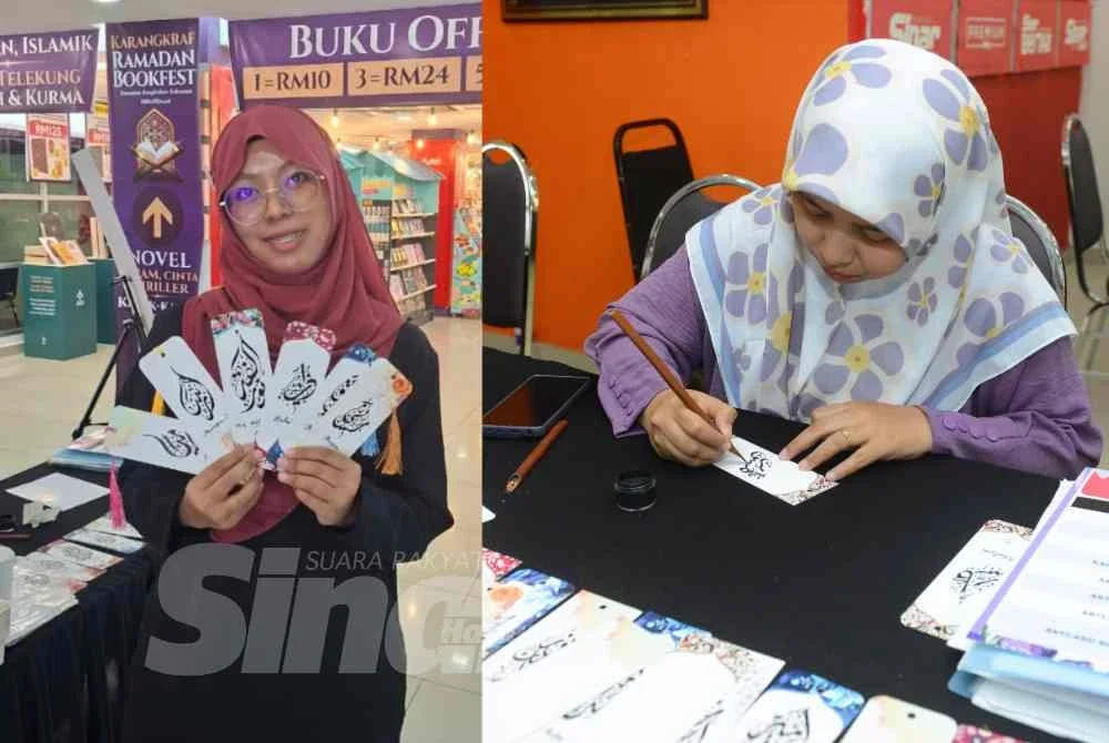 Nurzulaikha Zahra (kiri) membuat tempahan tulisan jawi untuk adik dan rakan sekerja. Penulis tulisan jawi sedang menyiapkan tempahan pengunjung Karangkraf Ramadan Bookfest