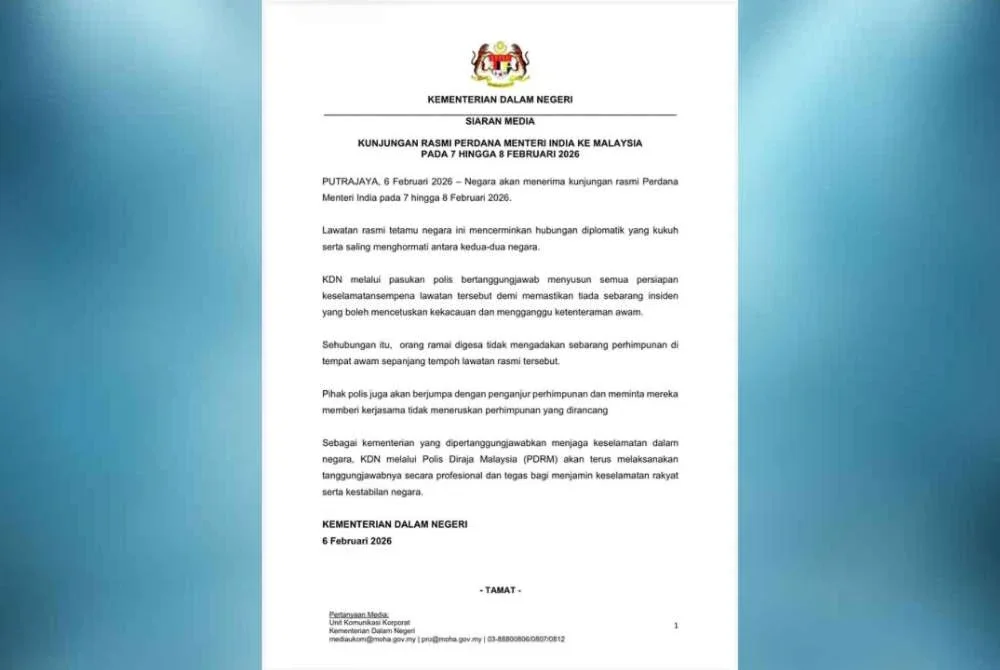 Kenyataan KDN yang meminta orang ramai tidak mengadakan sebarang perhimpunan di tempat awam sepanjang tempoh lawatan rasmi Perdana Menteri India, Narendra Modi ke Malaysia selama dua hari bermula esok.